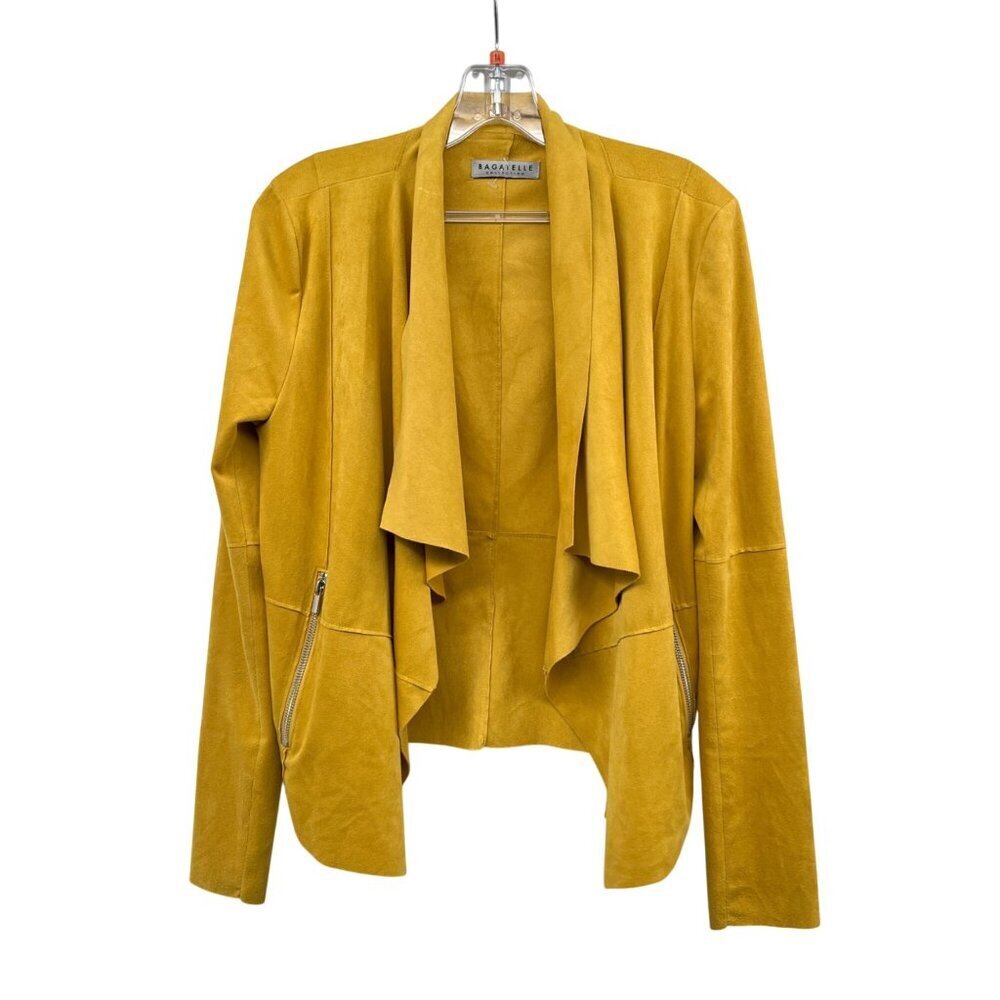 Bagatelle Womens Faux Sued Blazer Open Draped Yellow Size Medium Zip Pockets